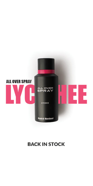 Black and pink bottle of Atyab Al Marshoud All Over Spray Lychee with bold text 'LYCHEE' in the background and caption 'Back in Stock' on a white background.