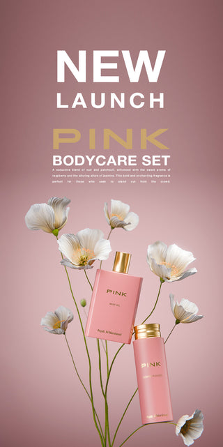 Pink bodycare set with flowers on a pink background from Atyab Al Marshoud