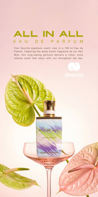 Eau de Parfum bottle with floral elements on a pink background